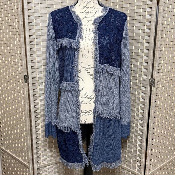 Chico’s Blocked Lace Denalia Cardigan Size 2/L Blue Patchwork Fringe Long Line - Picture 1 of 12